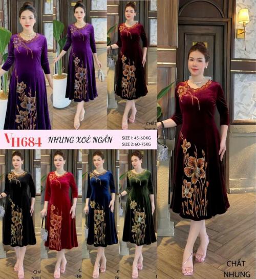 Đầm nhung trung niên dáng xòe thêu hoa ép dá DMC VH684