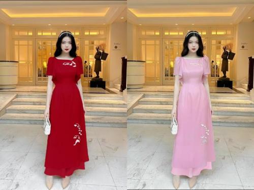 SET ÁO DÀI 4 TÀ CỔ THUYỀN KẾT BÔNG CAO CẤP -AV400