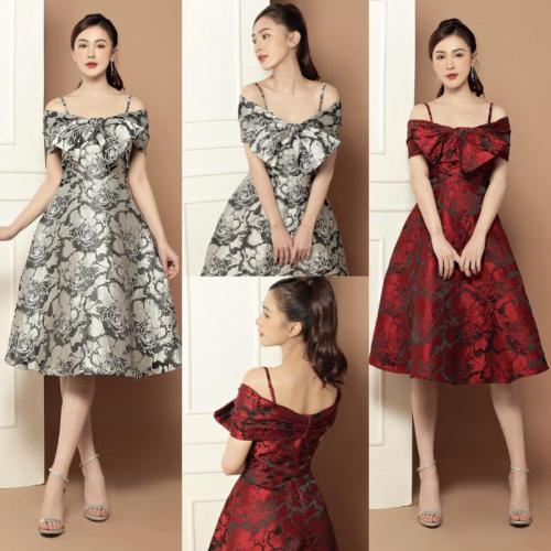 ĐẦM GẤM XÒE HAI DÂY TRỄ VAI - D774