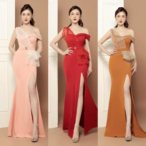 ĐẦM DẠ HỘI LỆCH VAI PHỐI LƯỚI KIM TUYẾN - D760