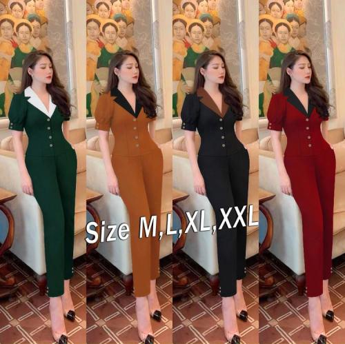 Set nguyên bộ quần dài áo cổ vest phối màu dây kéo sau lưng xinh xắn- HN1204