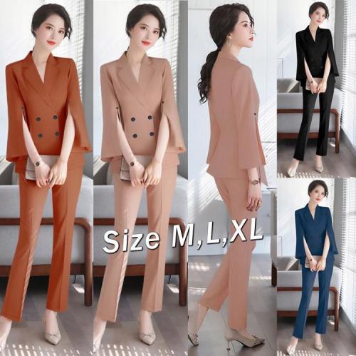 Set nguyên bộ quần dài cổ vest tay dài xẻ sang trọng-1205