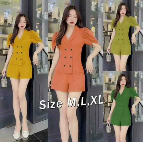 SÉT BỘ QUẦN SHORT ÁO CỔ VEST TAY PHỒNG PHỐI NÚT- HN1207