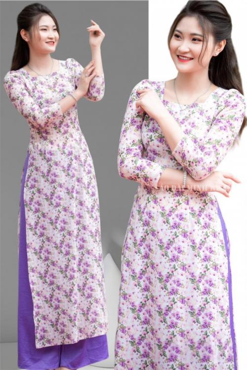 SET ÁO DÀI TRUYỀN THỐNG HỌA TIẾT HOA NHÍ IN 6D TAY BỒNG  -AV409