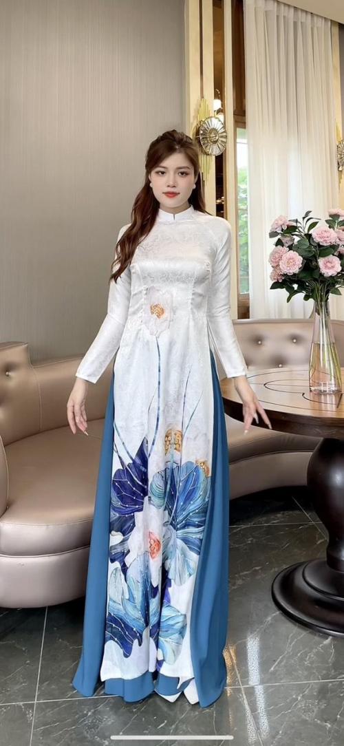 SET ÁO DÀI TRUYỀN THỐNG HOẠ TIẾT BÔNG SEN IN 6D LỤA THÁI TUẤN CAO CẤP -AV413