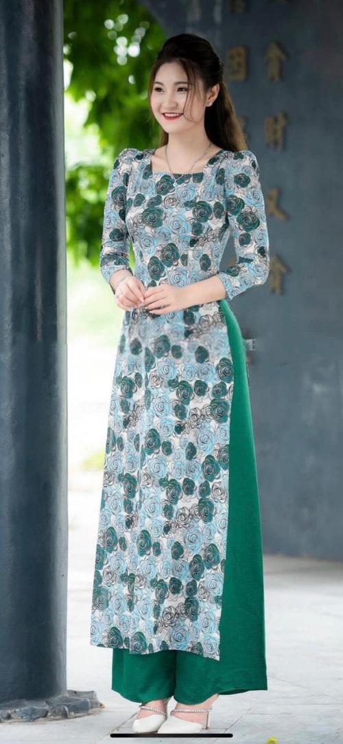 SET ÁO DÀI CỔ U TAY BỒNG HỌA TIẾT HOA HỒNG XANH -AV414